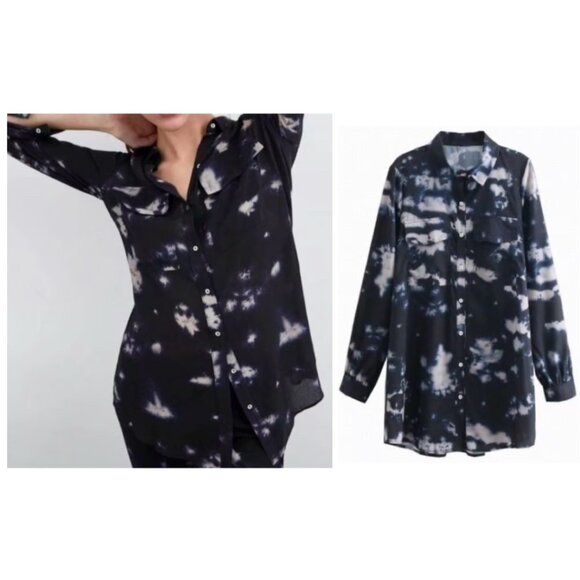 Zara Tunic Womens L Button Down Crinkle Tie-Dye Long Sleeve Pockets Loose Fit - Picture 1 of 13